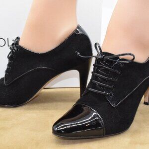 EUC Manolo Blahnik BB Heels Pumps Suede Patent Lace Up Oxfords 36.5 M Black 6M
